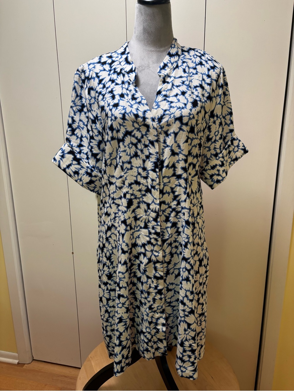 Navy and White Floral Button-Front Midi Dress